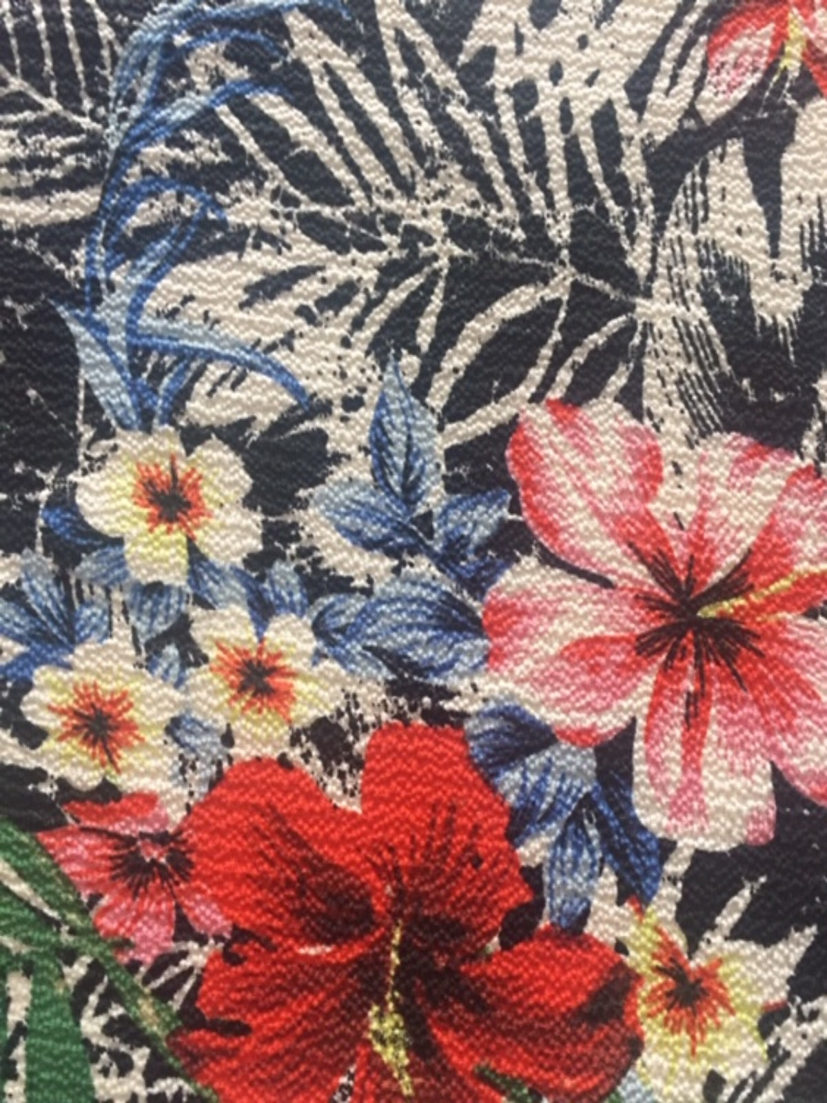 Tropical Flowers on Black Fern Print on Bubble Crepe