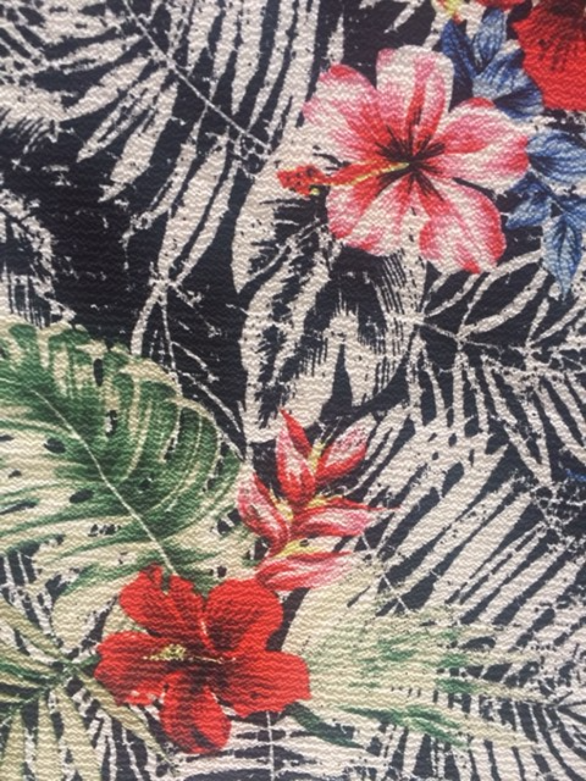 Tropical Flowers on Black Fern Print on Bubble Crepe