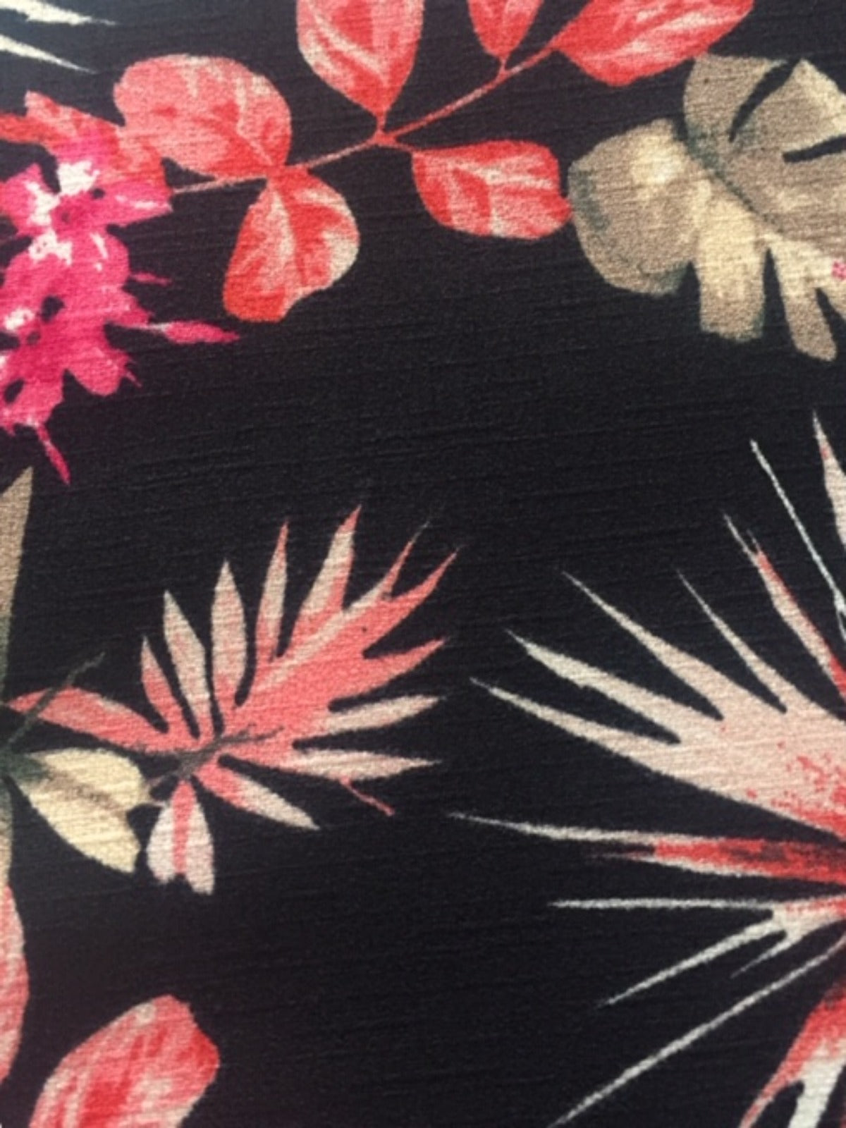 Cerise Flower & Fern on Black Woven Slub Base