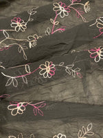 Fuschia/Ivory Embroidery on Crushed Black Chiffon