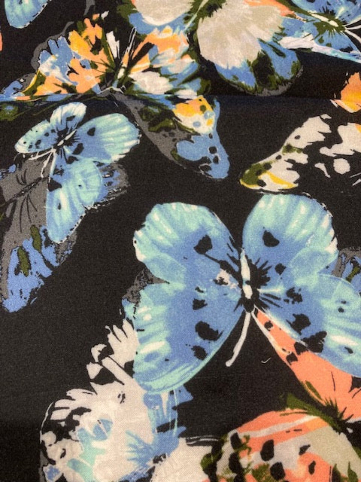 Coral & Green Butterflies on Black Viscose