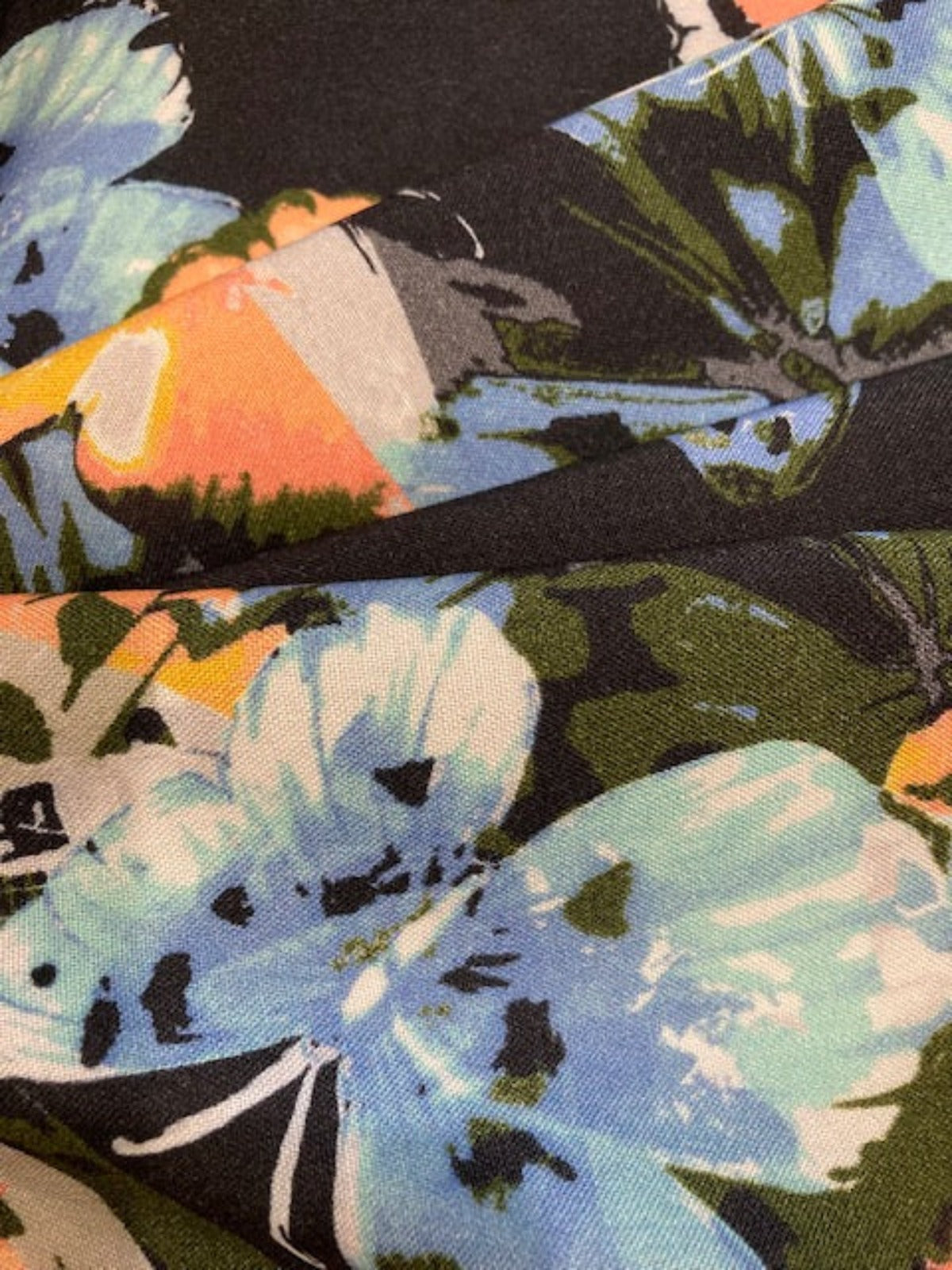 Coral & Green Butterflies on Black Viscose