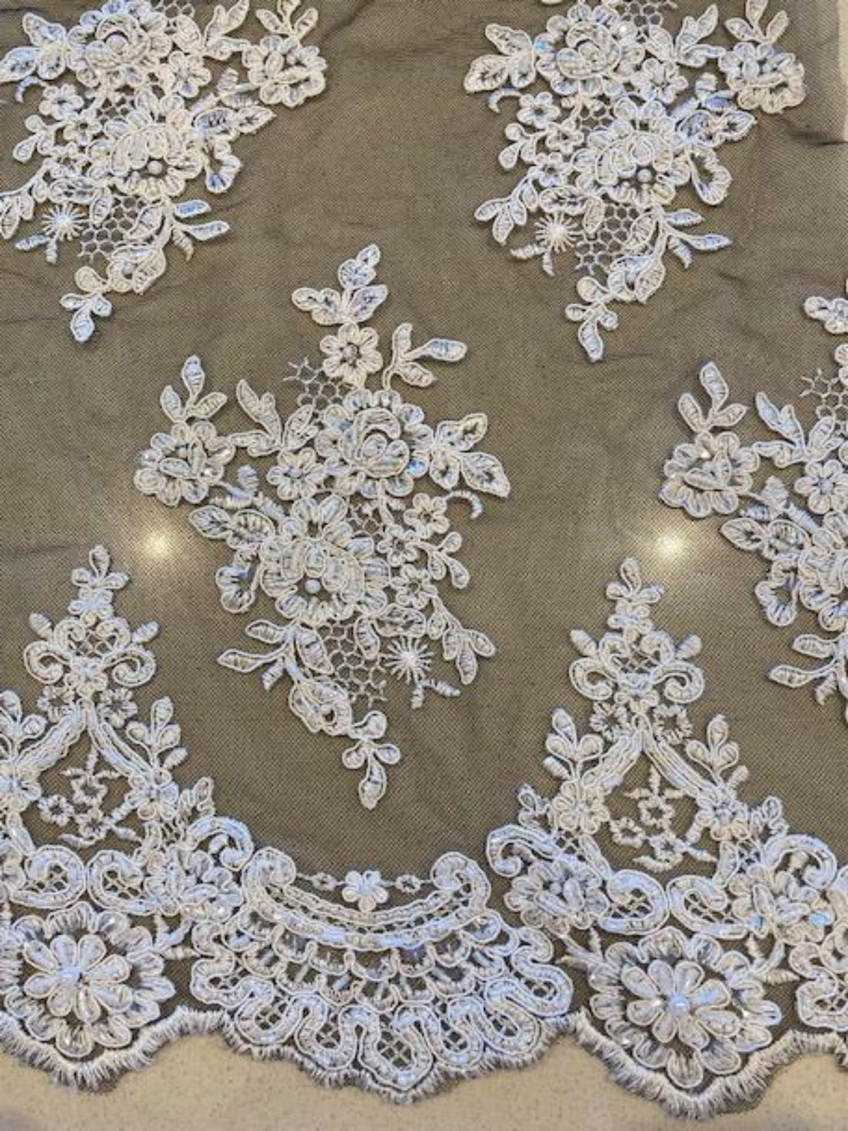 Ivory Beaded & Sequinned Lace Embroidery on Black Tulle