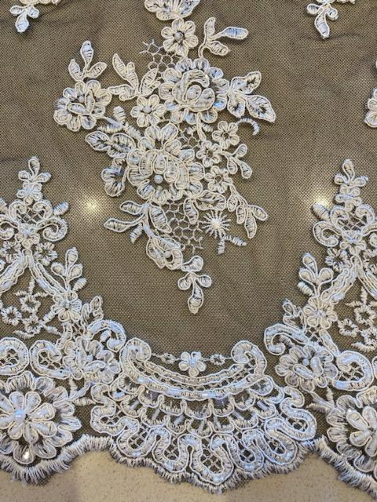 Ivory Beaded & Sequinned Lace Embroidery on Black Tulle