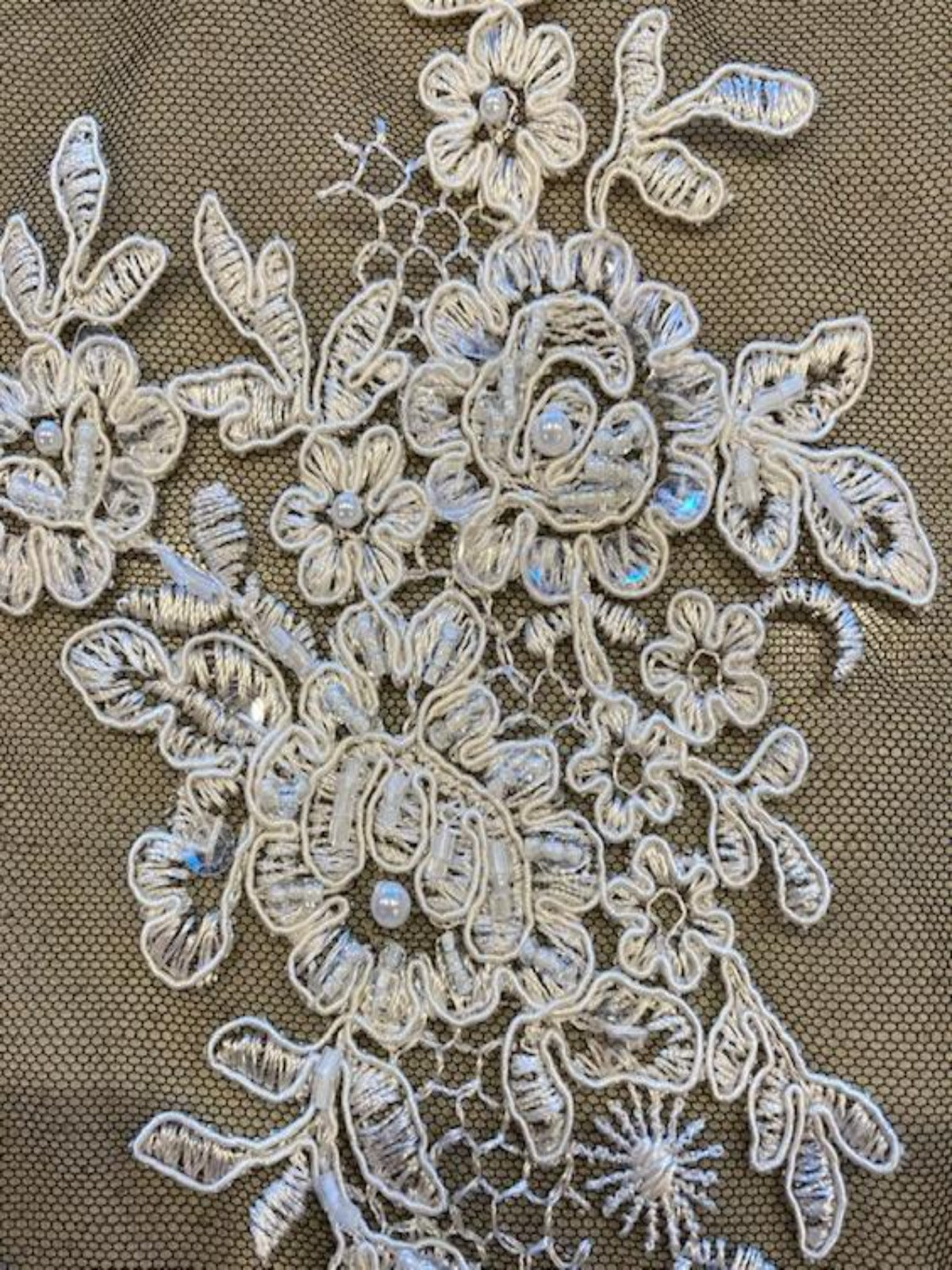 Ivory Beaded & Sequinned Lace Embroidery on Black Tulle