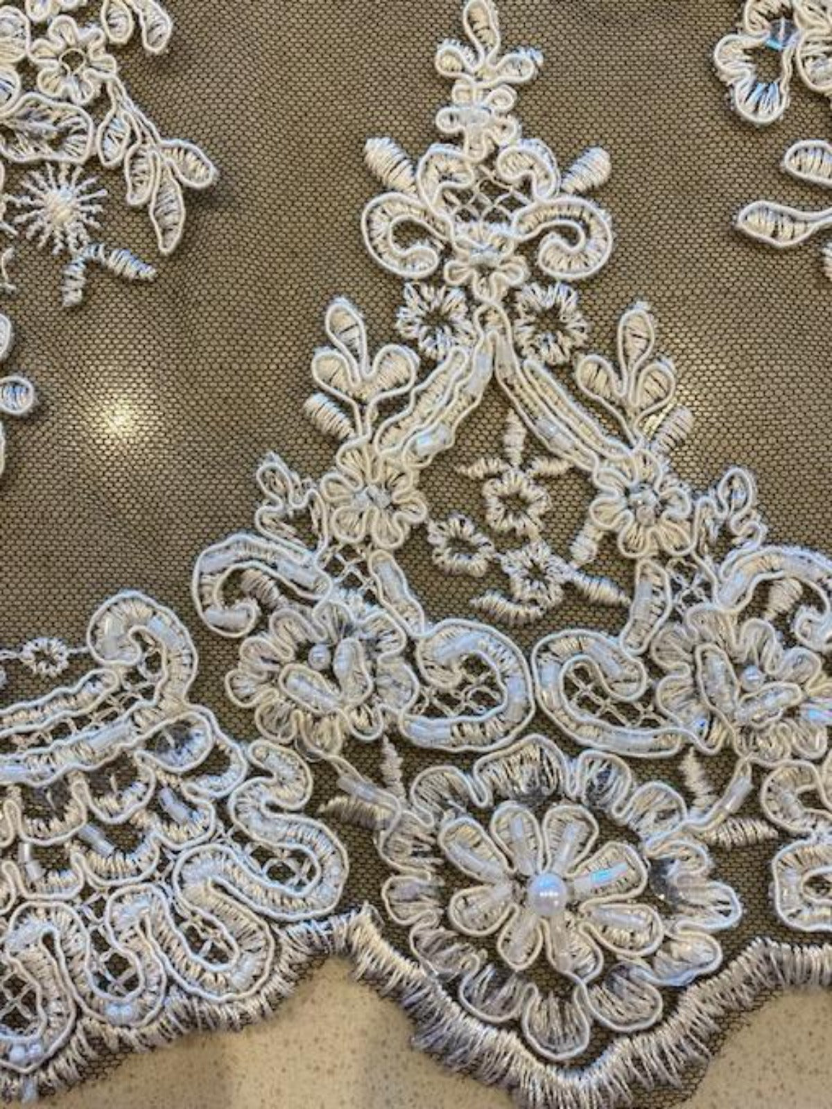 Ivory Beaded & Sequinned Lace Embroidery on Black Tulle
