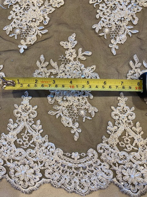 Ivory Beaded & Sequinned Lace Embroidery on Black Tulle