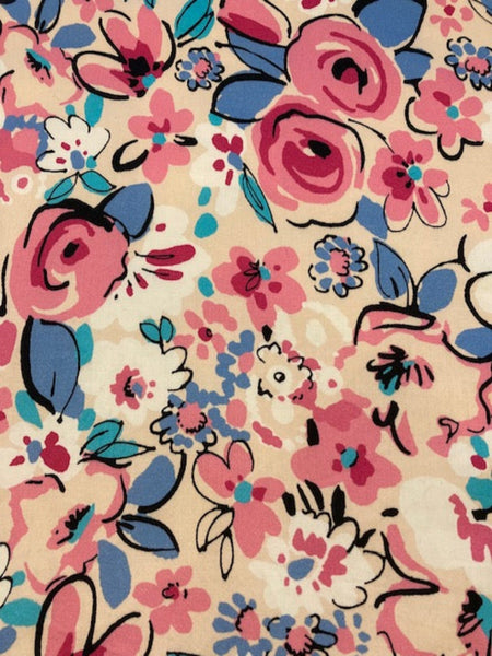 Pink/Blue Flowers on Ivory Cotton Sateen