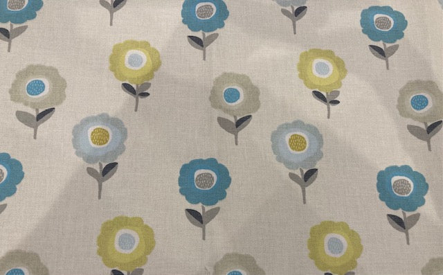 Lime/Aqua Individual Flower on Ivory Cotton Furnishing