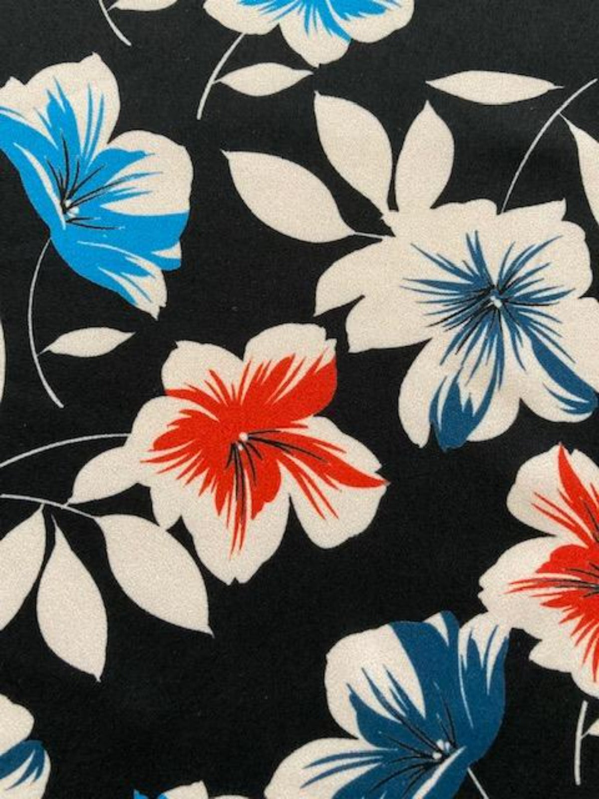 Blue / Red Flowers on Black Crepe de Chine