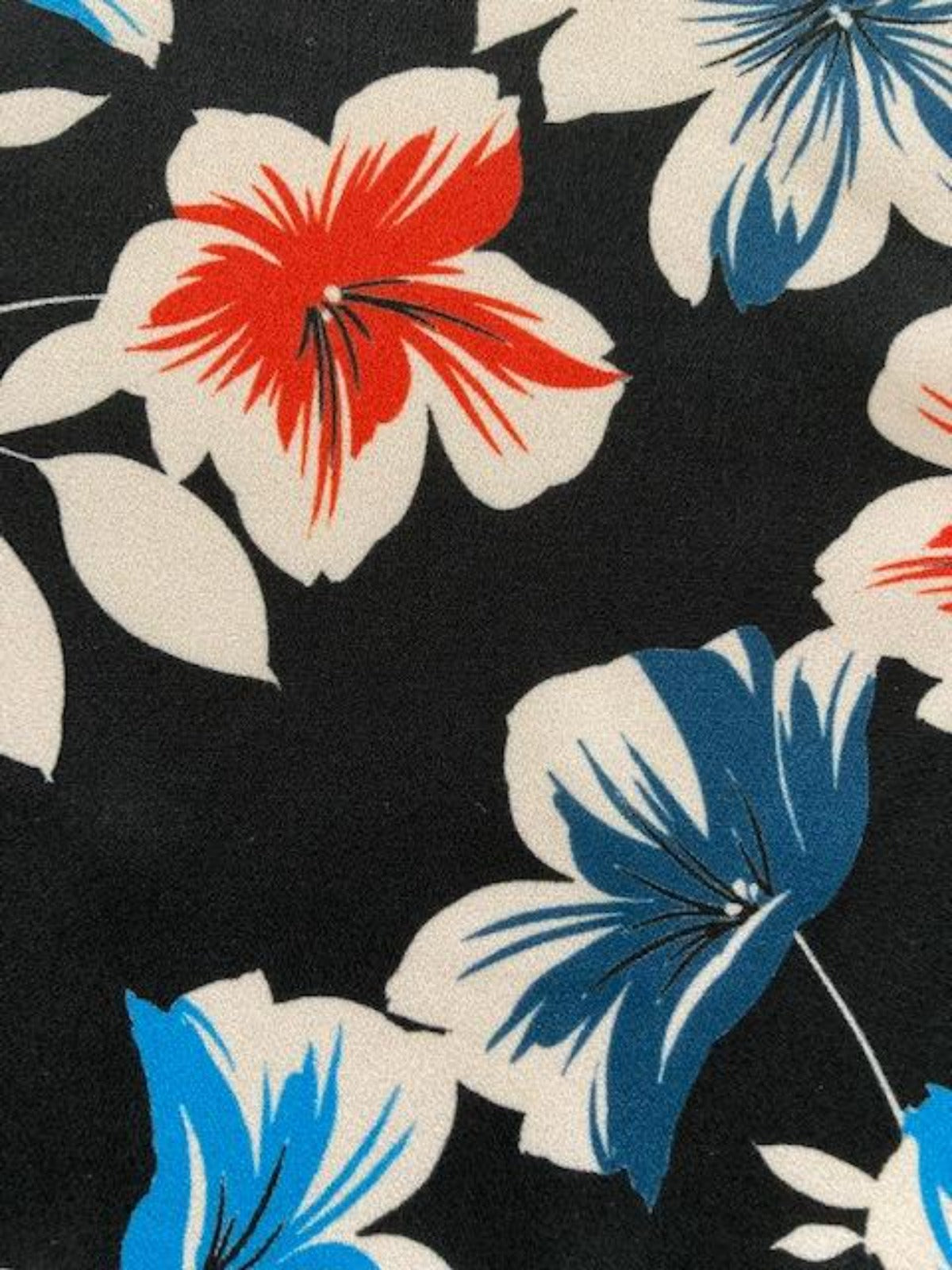 Blue / Red Flowers on Black Crepe de Chine