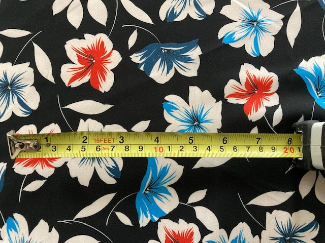 Blue / Red Flowers on Black Crepe de Chine