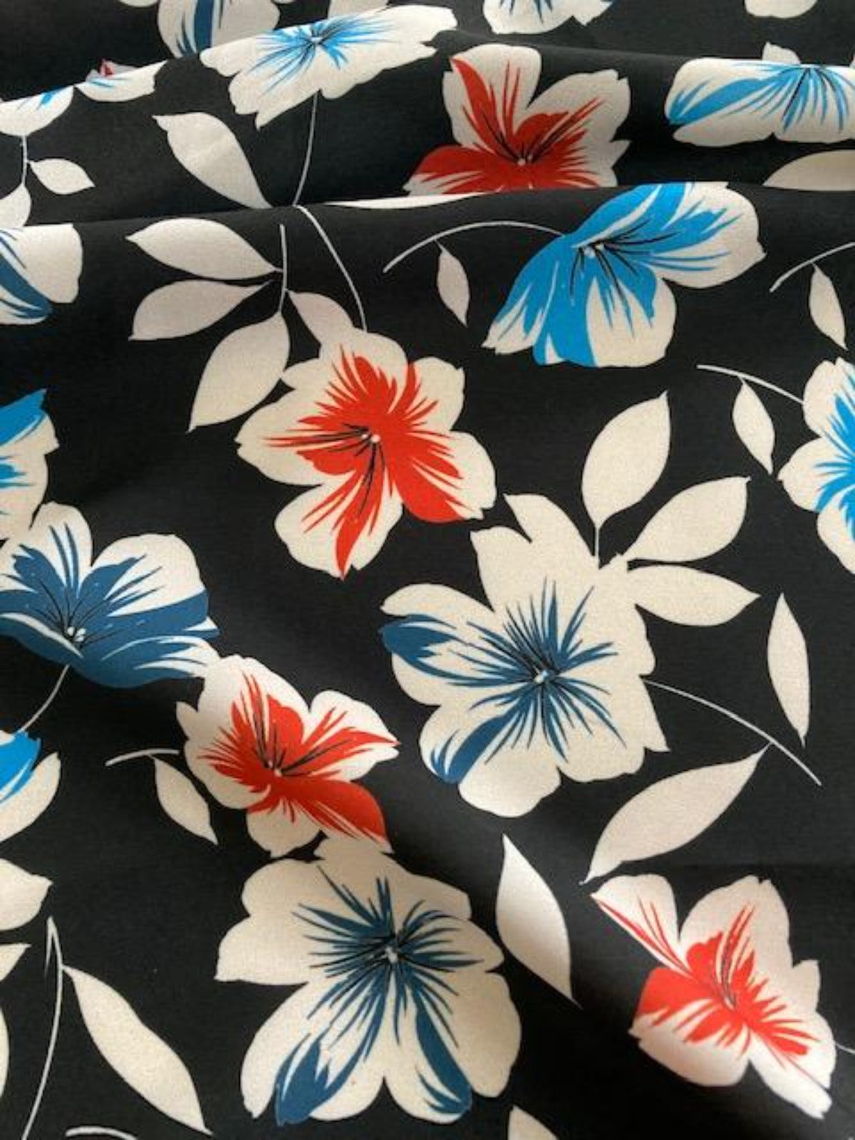 Blue / Red Flowers on Black Crepe de Chine