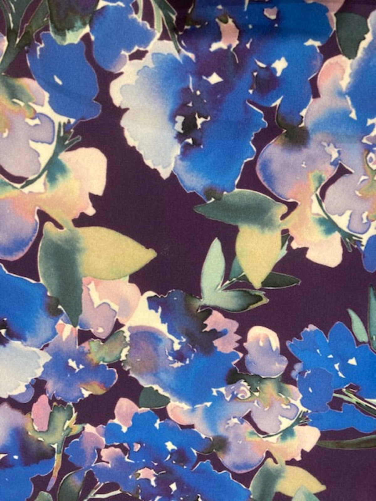 Blue Watercolour Flowers on Plum Silky Satin