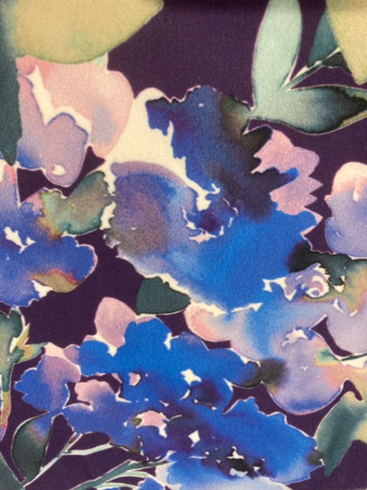 Blue Watercolour Flowers on Plum Silky Satin