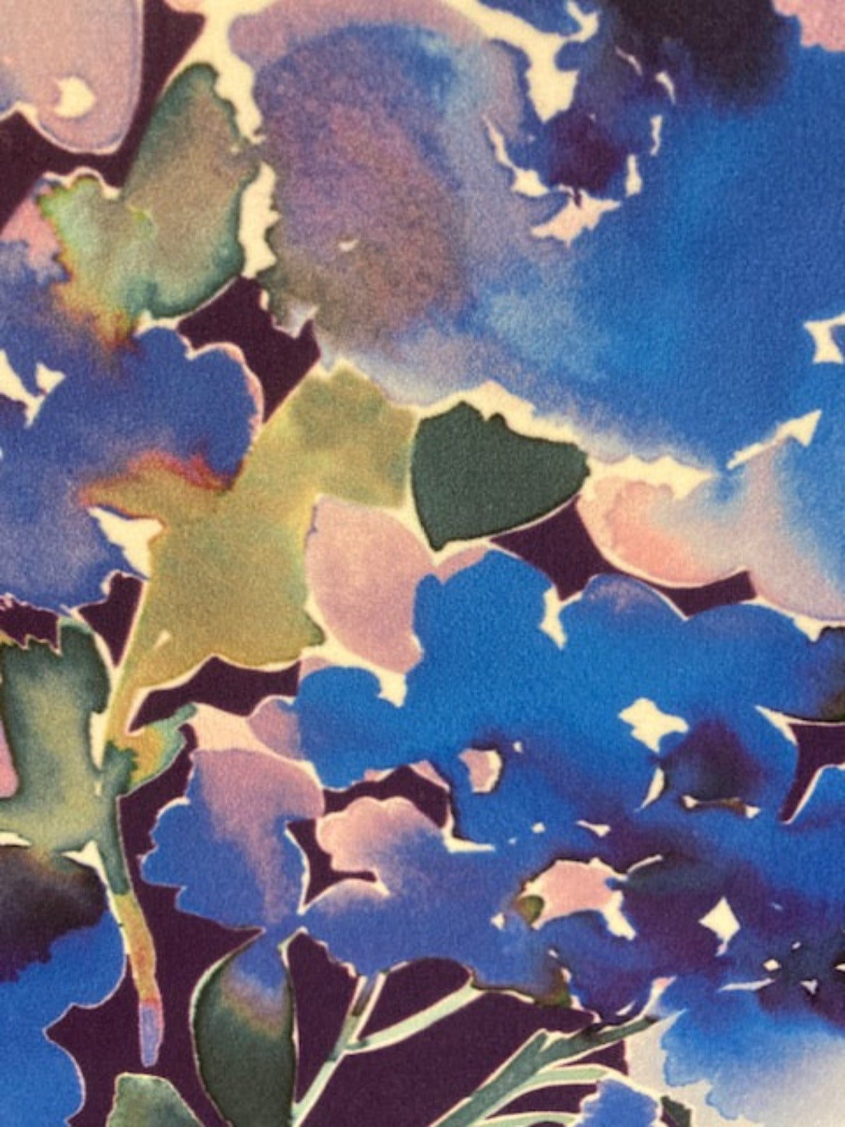 Blue Watercolour Flowers on Plum Silky Satin