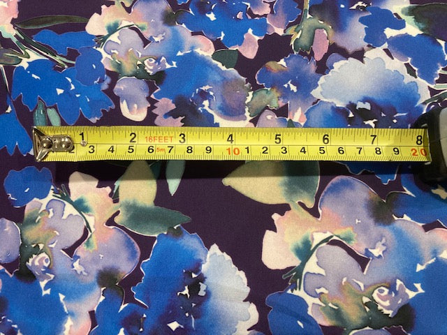 Blue Watercolour Flowers on Plum Silky Satin