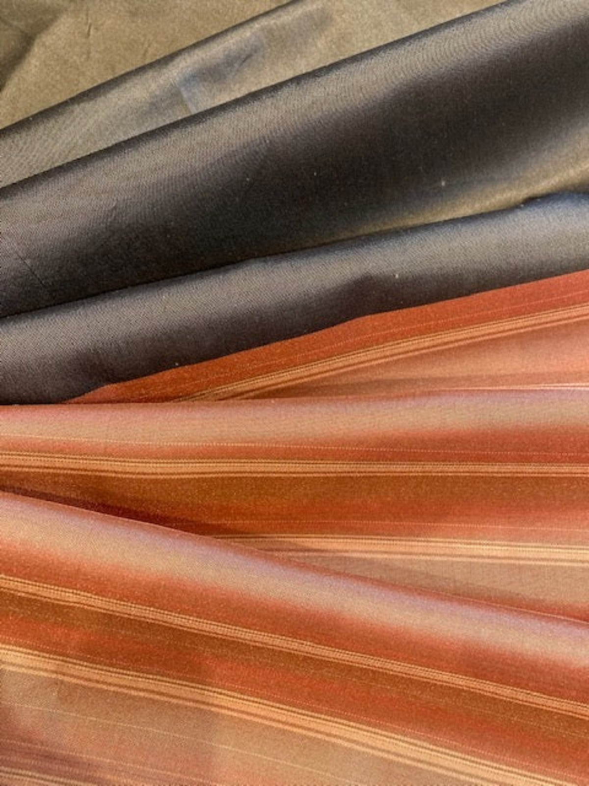 Khaki Grey Silk Taffeta with Rose Coloured Stripe Border