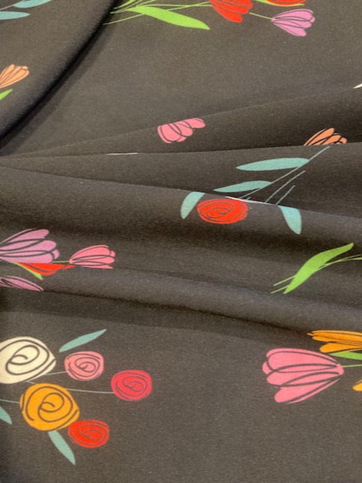 Multi Flower Bunches on Black Crepe De Chine