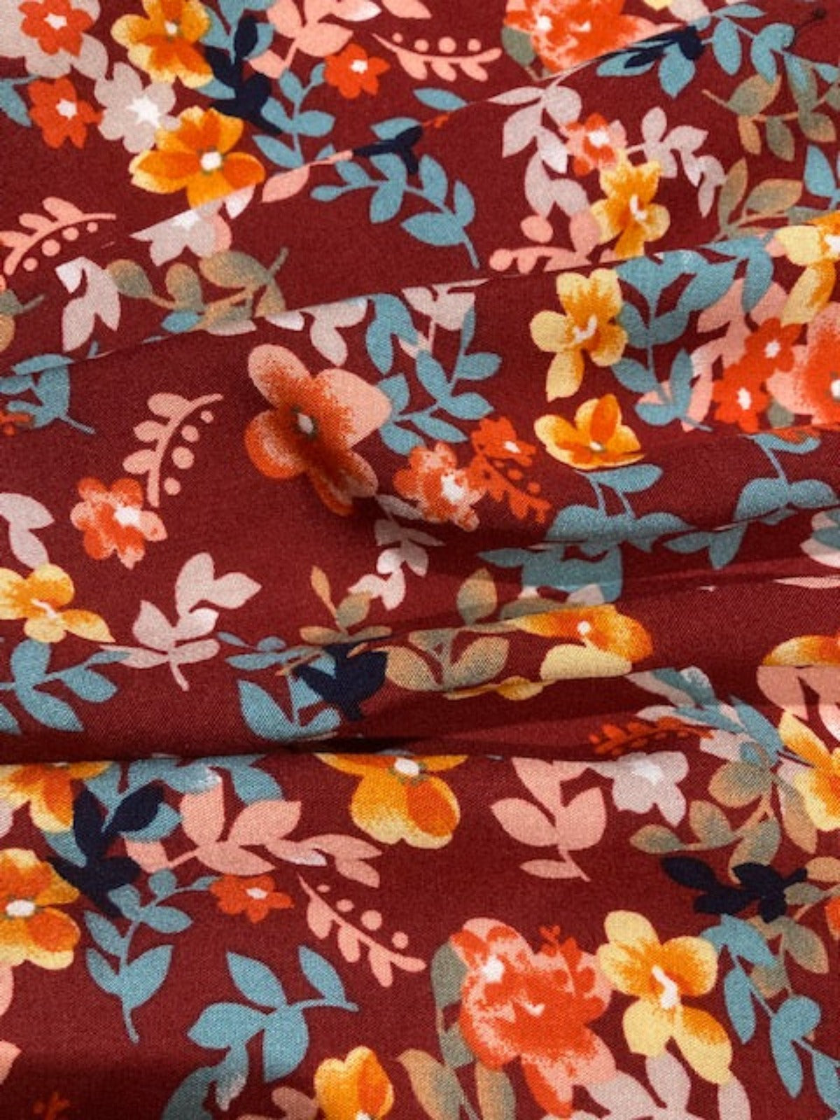 Orange / Pink / Green Flower & Leaf on Burgundy Viscose