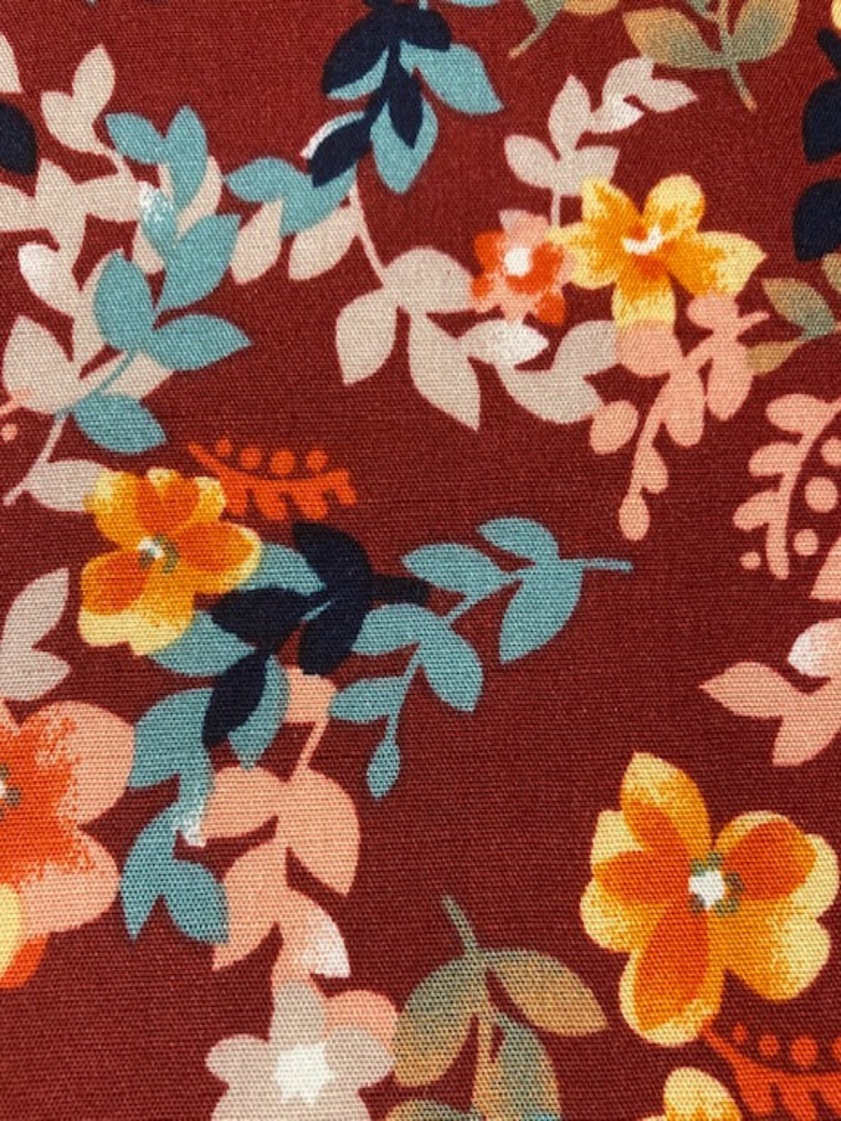 Orange / Pink / Green Flower & Leaf on Burgundy Viscose