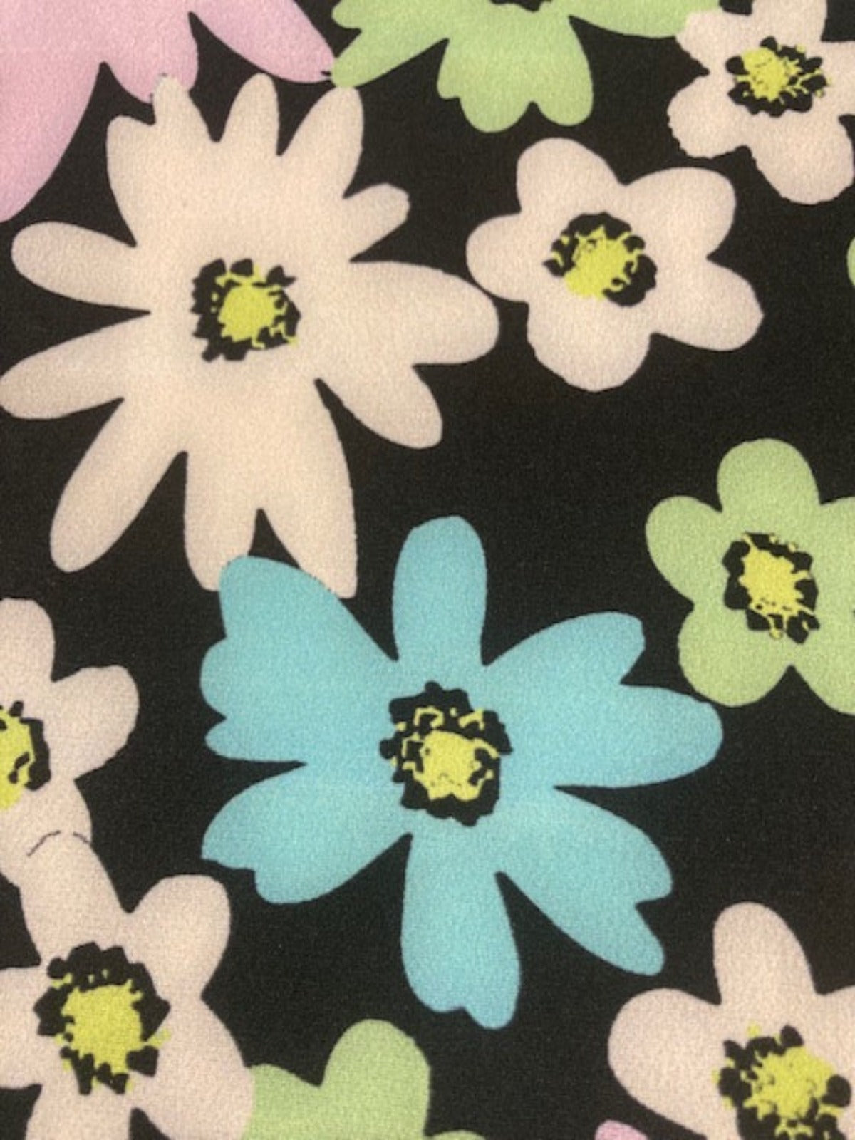 Green, Pink and Turquoise Daisies on Black Crepe Jersey