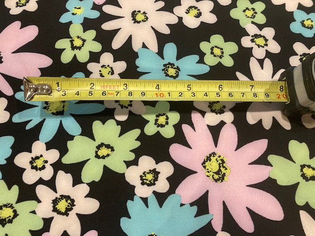Green, Pink and Turquoise Daisies on Black Crepe Jersey