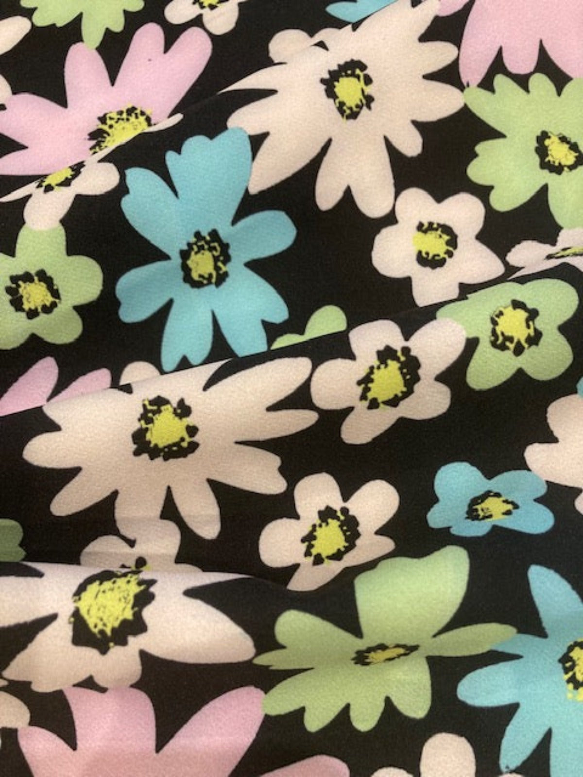 Green, Pink and Turquoise Daisies on Black Crepe Jersey
