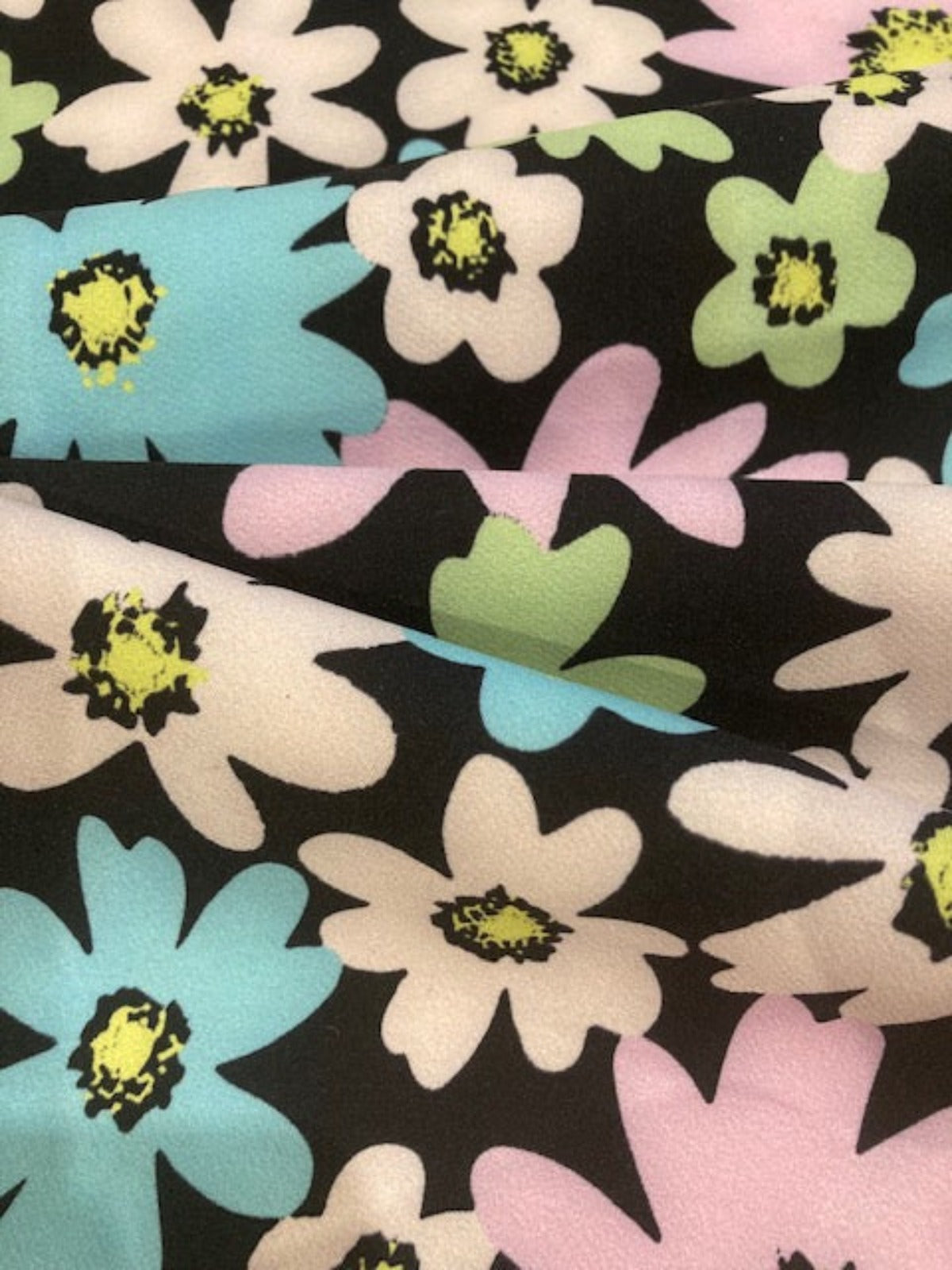 Green, Pink and Turquoise Daisies on Black Crepe Jersey