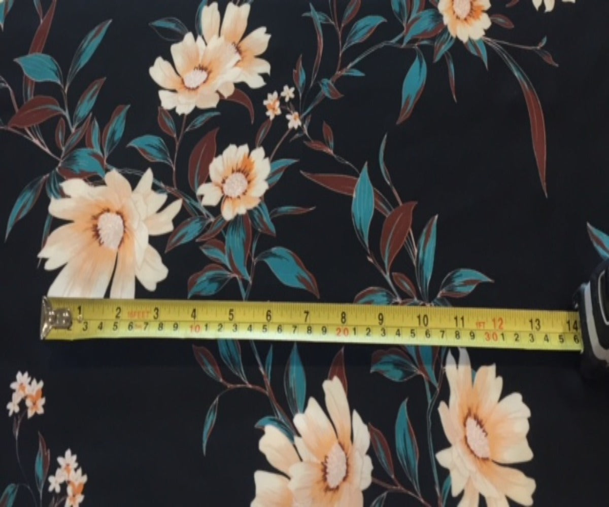 Pale Gold Trailing Flowers on Black Woven Crepe - Deadstock fabric on AmoThreads