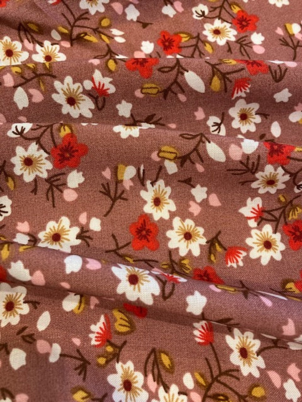 Red/ White Flowers on Deep Rose Viscose