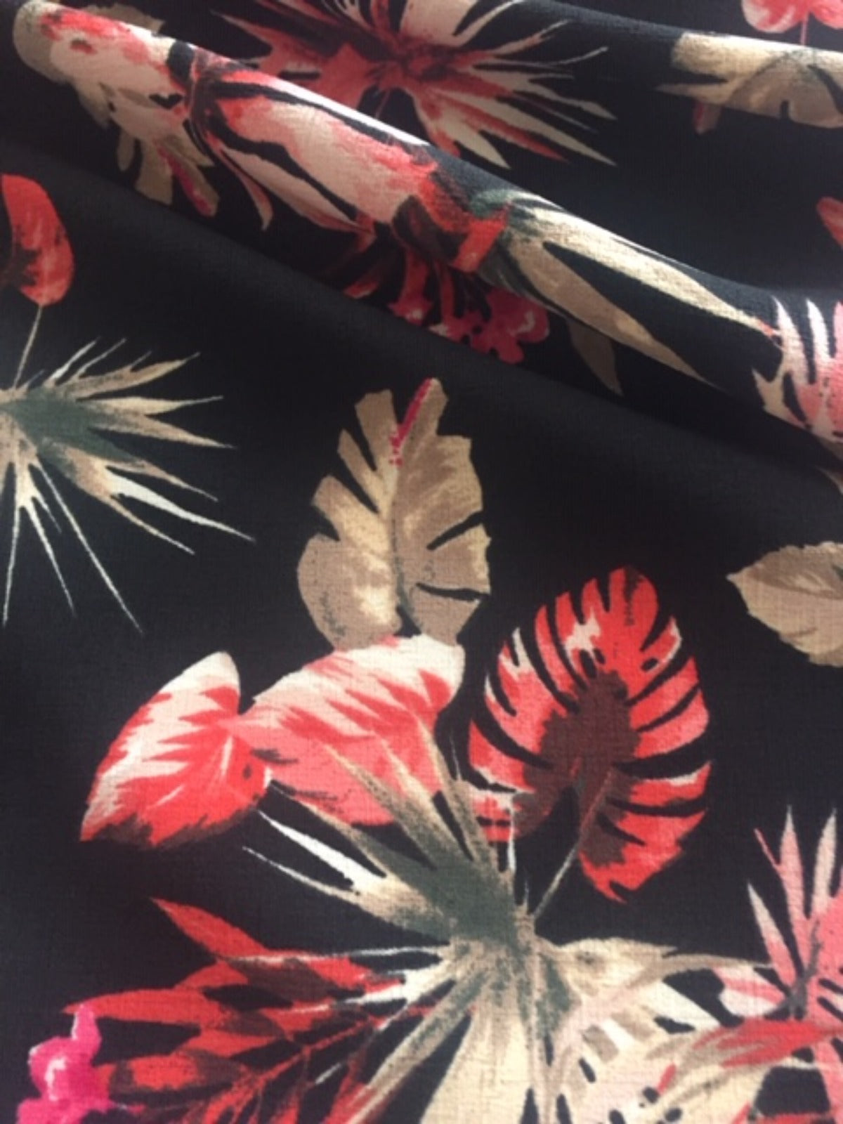 Cerise Flower & Fern on Black Woven Slub Base