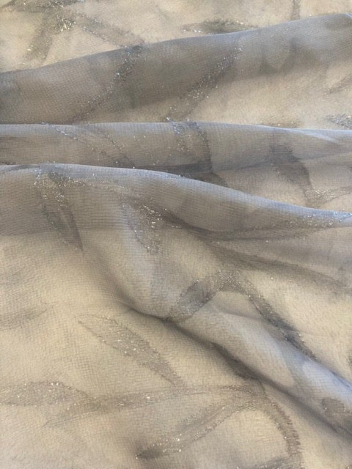Grey Mottled Print with Leaf Overglitter on Chiffon