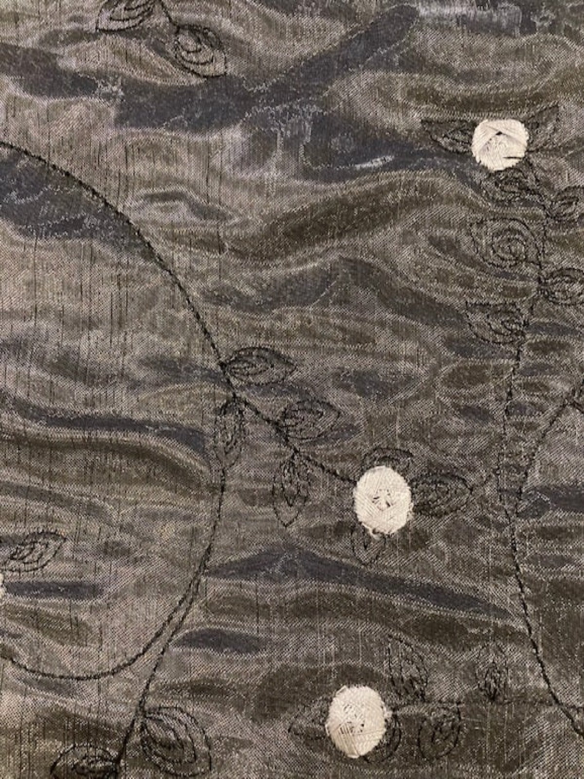 Silver Shimmer Organza on Black Taffeta with Embroidery, Double Fabric