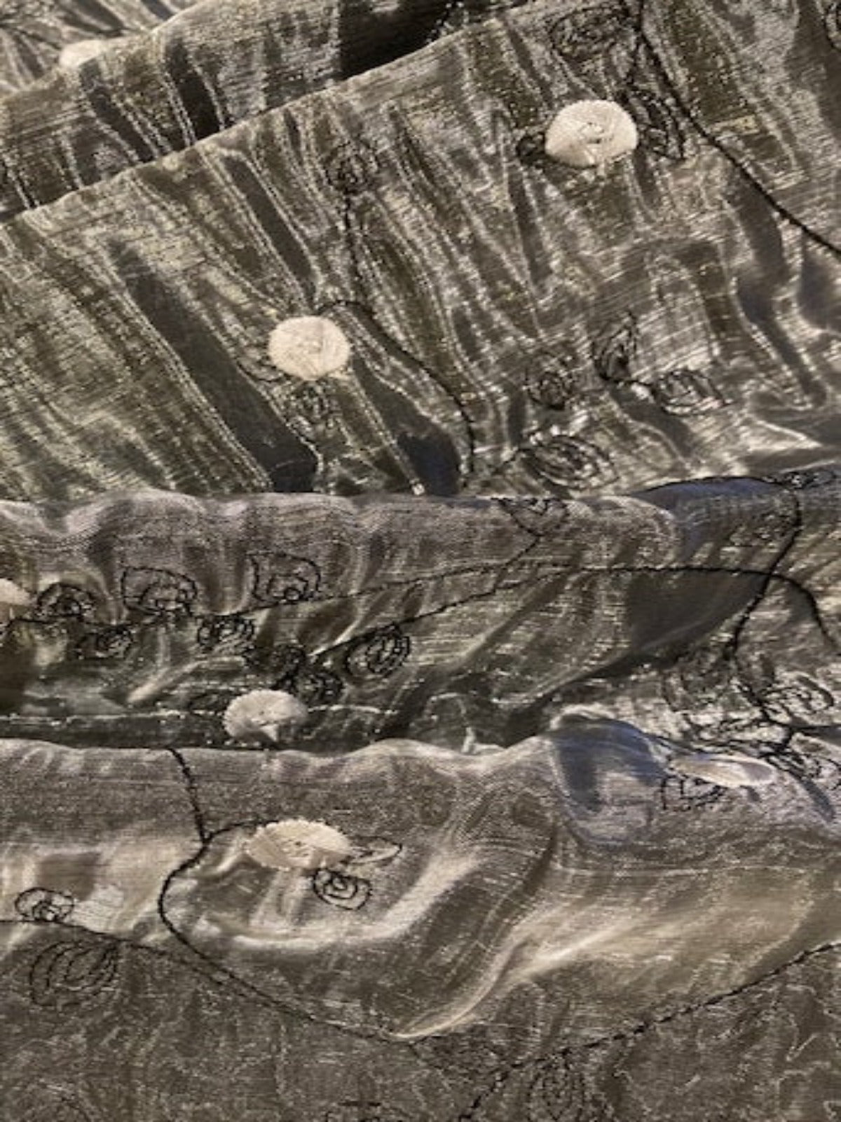 Silver Shimmer Organza on Black Taffeta with Embroidery, Double Fabric