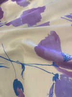 Large Lavender Poppies on Pale Yellow Stretch Satin