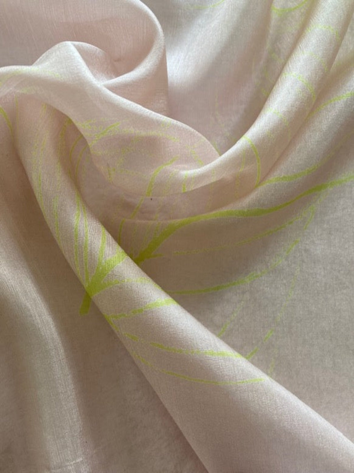 Lime Peacock feather on Nude Blush Silk chiffon