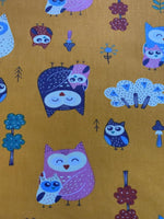 Owl print on Orange Cotton Sateen - Deadstock fabric on AmoThreads