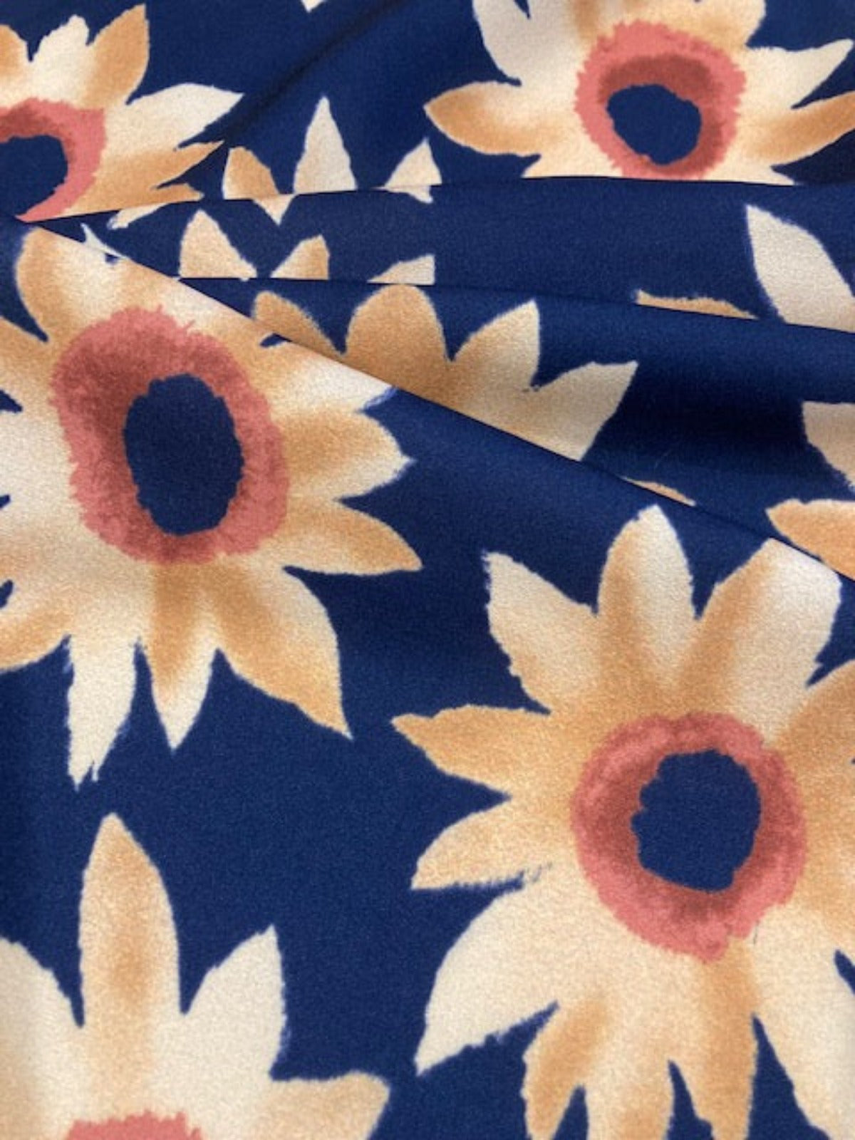Gold Individual Flowers on Navy Crepe – 100% Polyester, 145 cm Wide