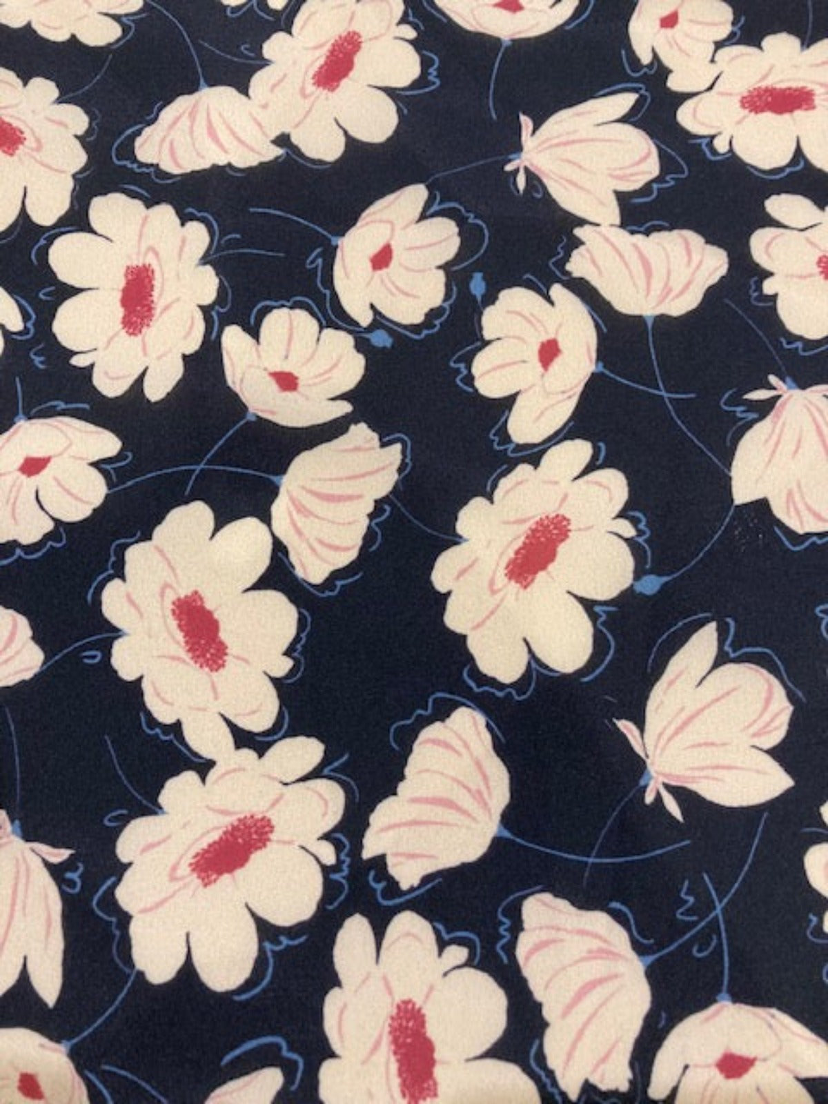Ivory/Cerise Flowers on Navy Crepe De Chine