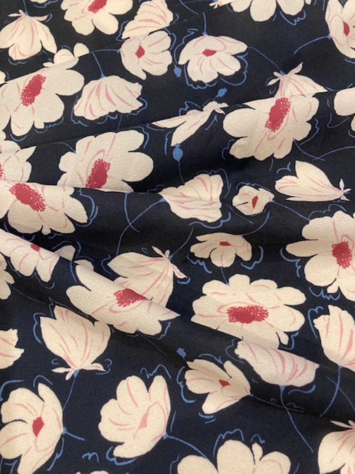 Ivory/Cerise Flowers on Navy Crepe De Chine