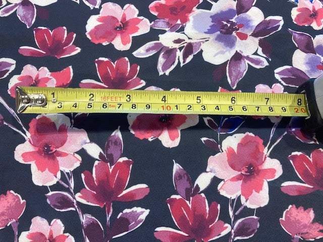 Purple / Cerise Flowers on Navy Crepe