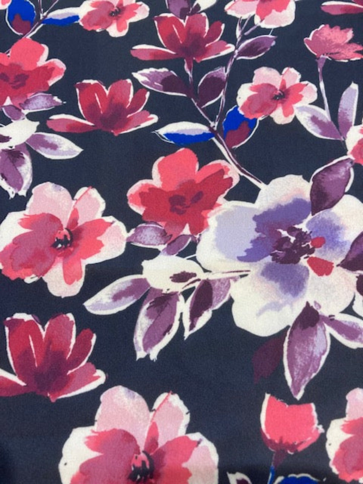 Purple / Cerise Flowers on Navy Crepe