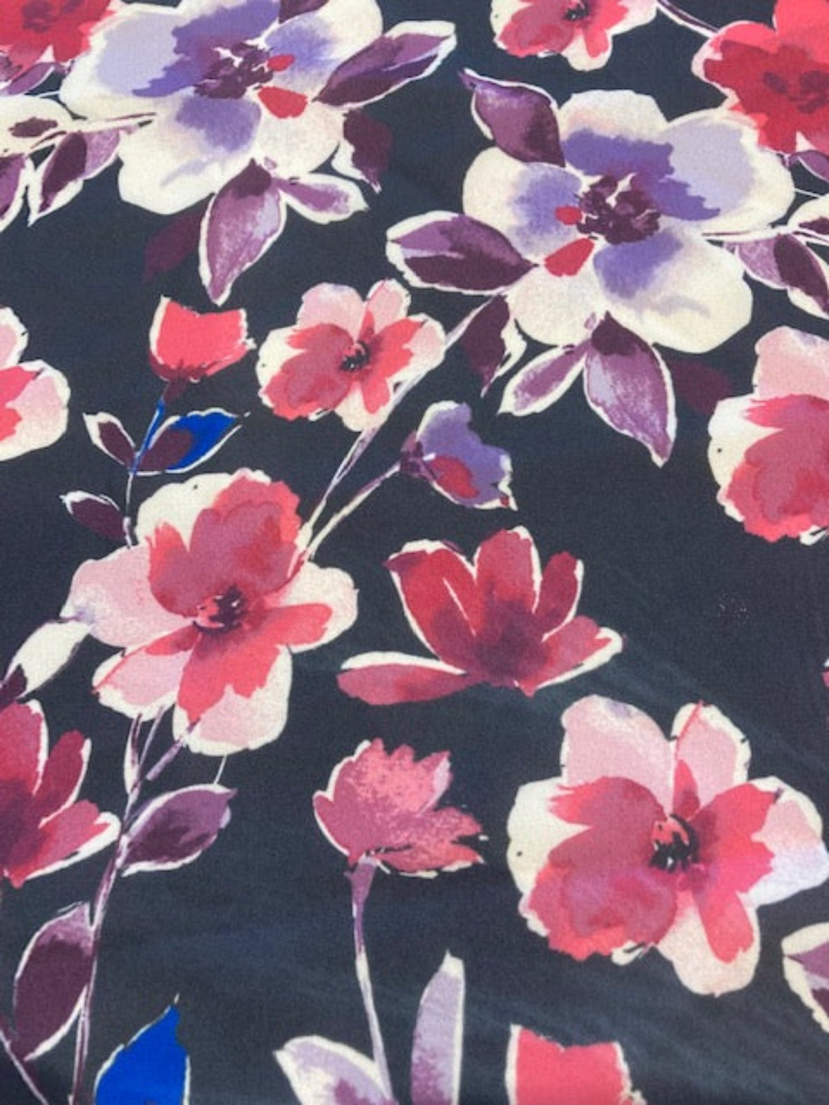 Purple / Cerise Flowers on Navy Crepe