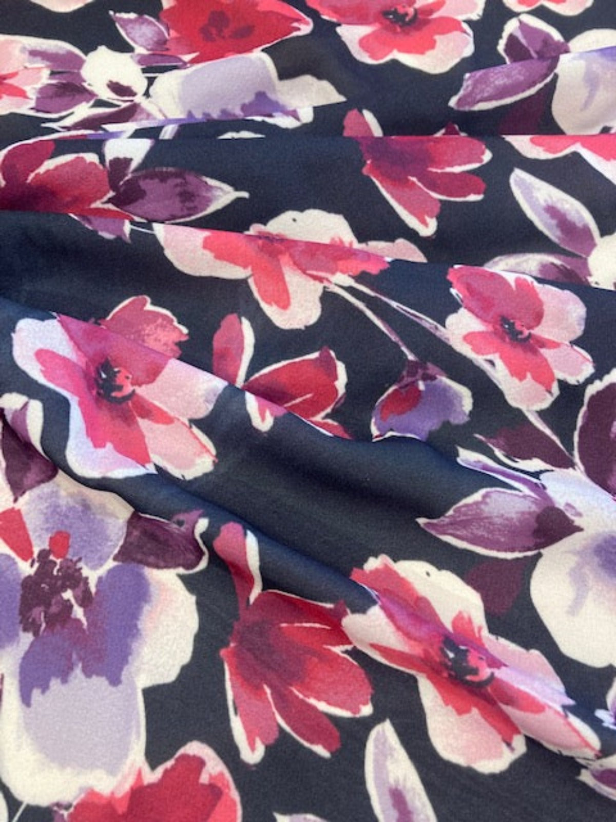 Purple / Cerise Flowers on Navy Crepe