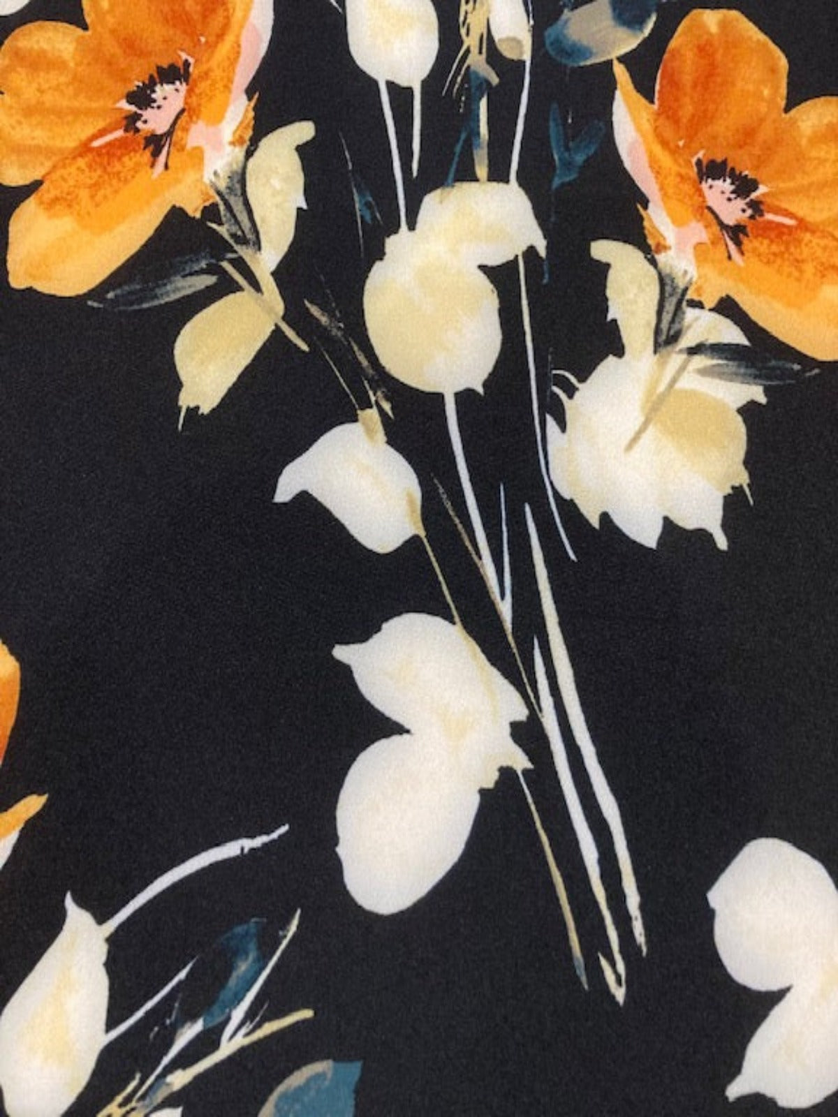 Orange Flowers on Black Woven Crepe With Stretch