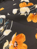 Orange Flowers on Black Woven Crepe With Stretch