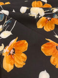 Orange Flowers on Black Woven Crepe With Stretch