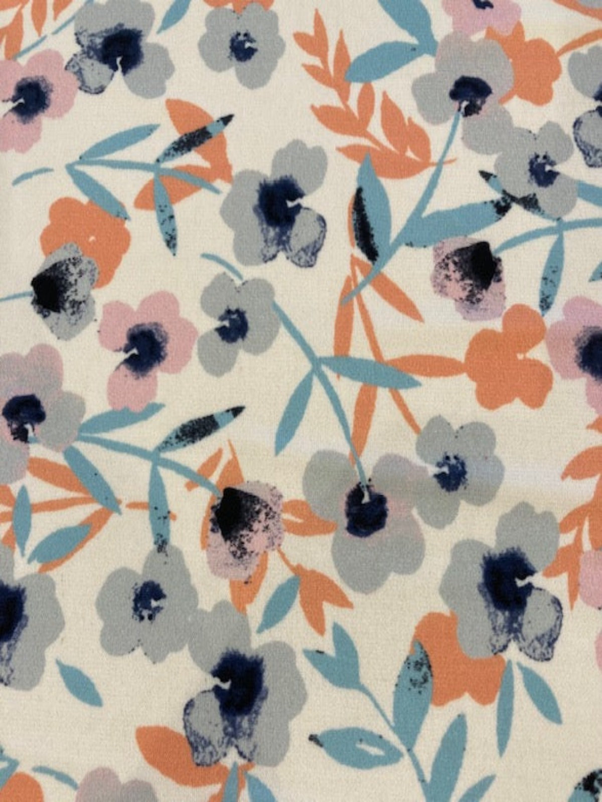 Pastel Orange & Pastel Teal Flowers on Ivory Jersey