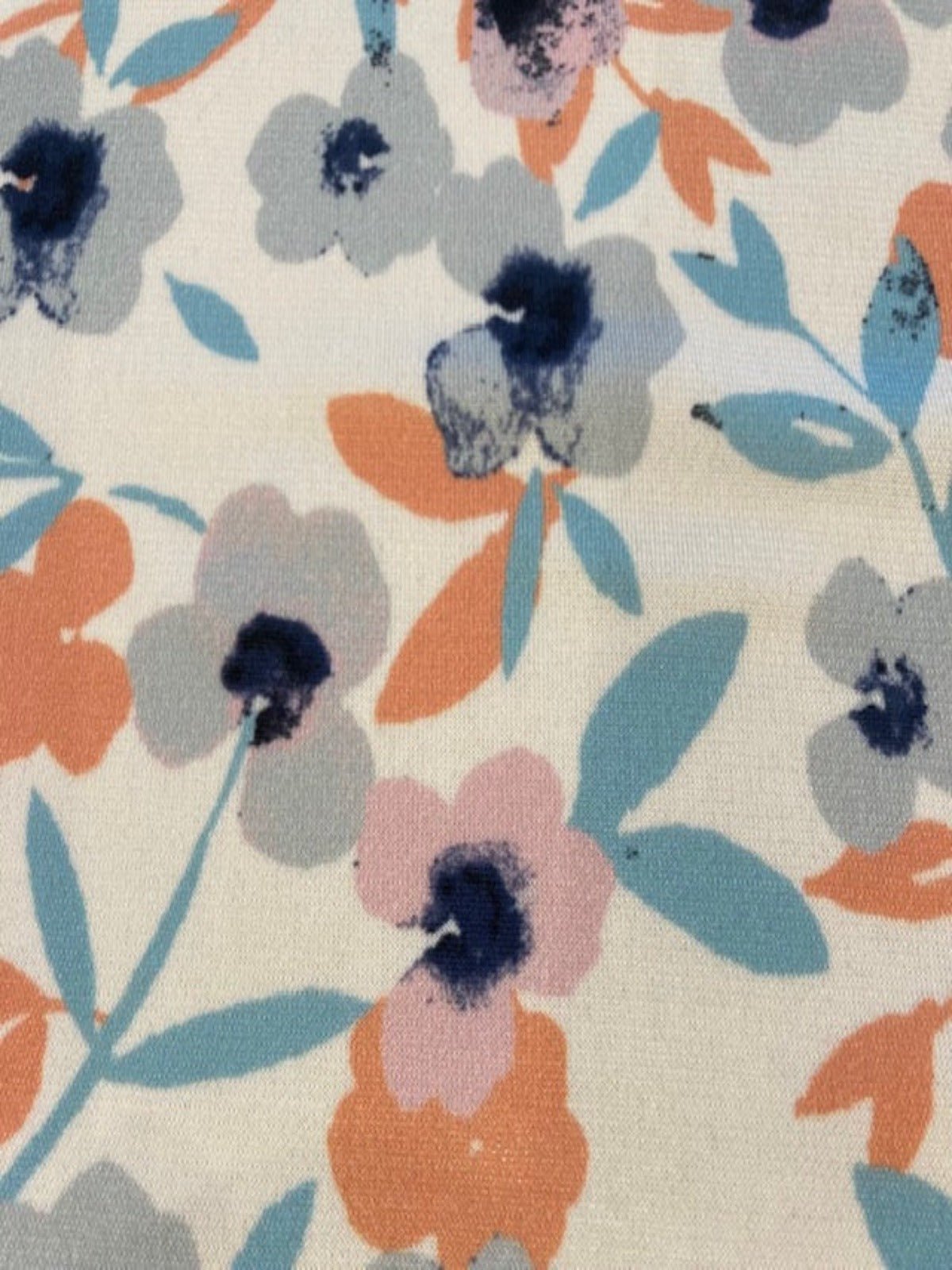 Pastel Orange & Pastel Teal Flowers on Ivory Jersey